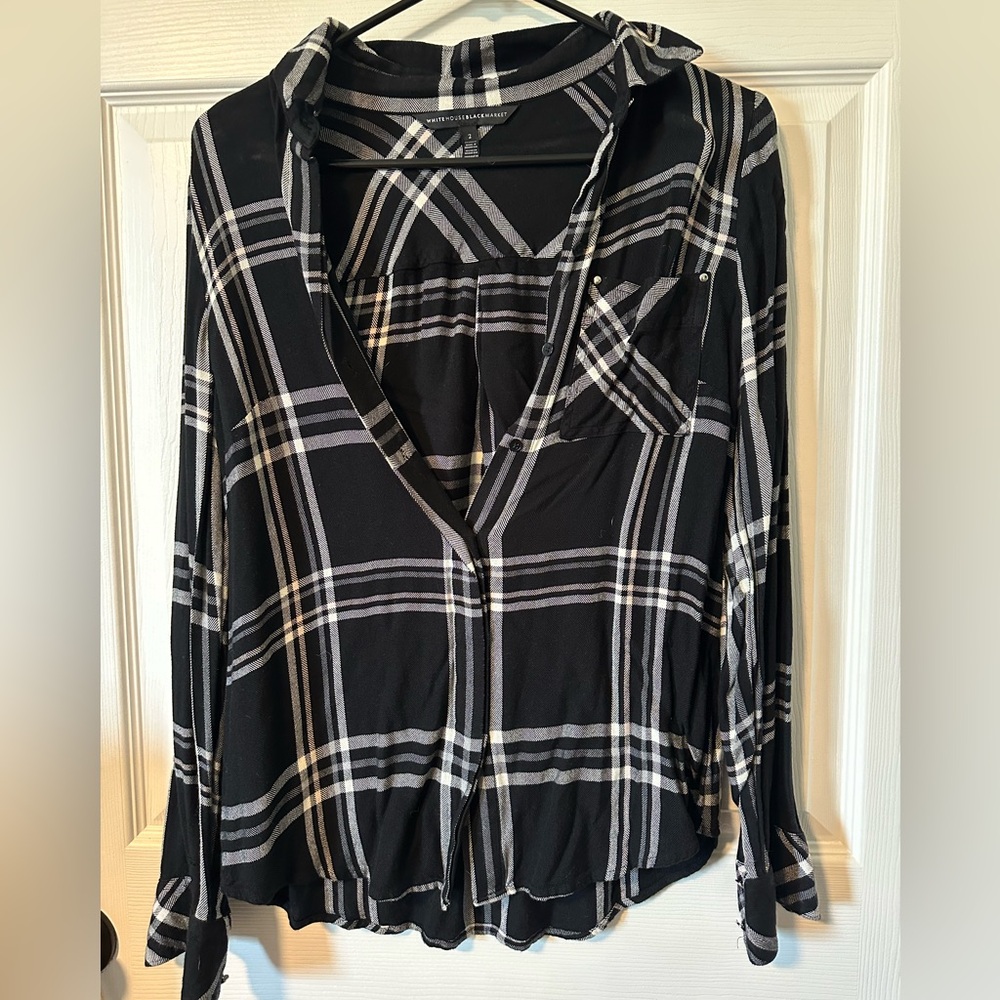 White House Black Market Black and White Plaid Blouse